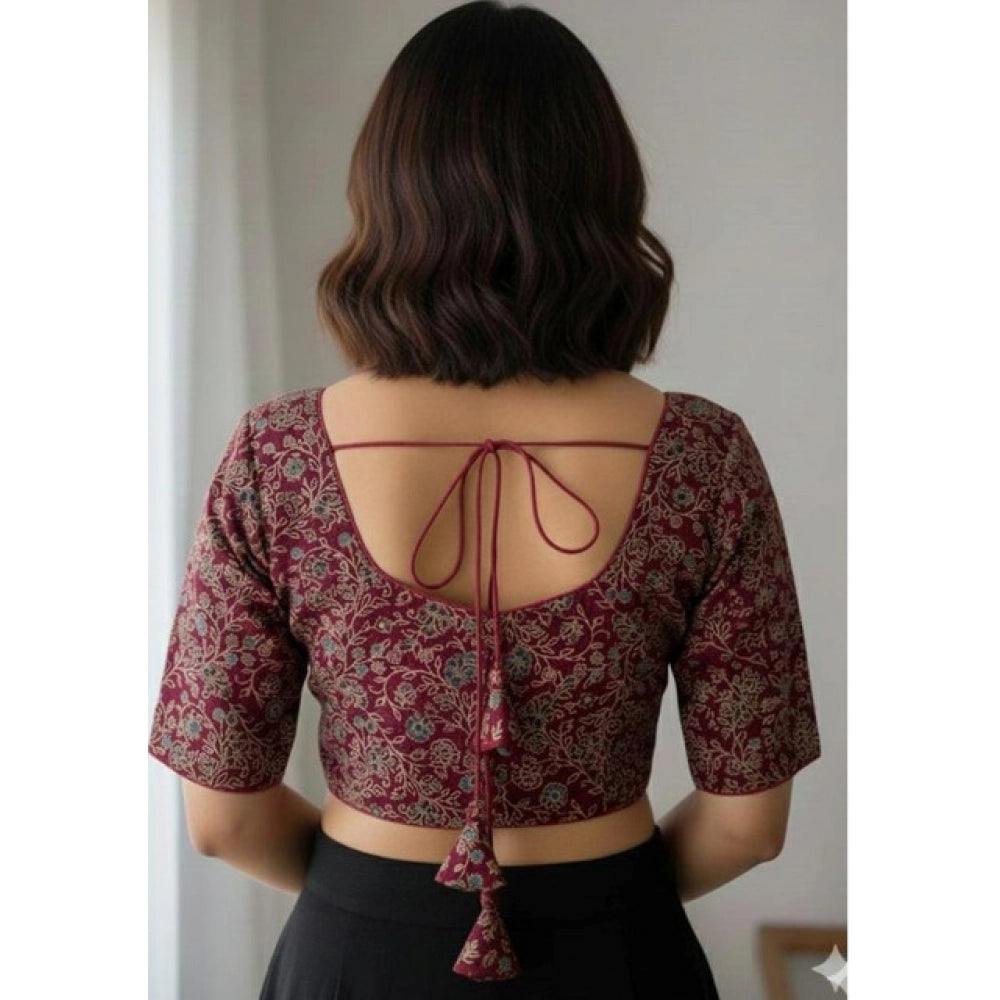 Generic Women's Ajrakh Cotton Round Neck Padded Blouse (Purple, 38 Ready Size (Self-Alterable 36–40)