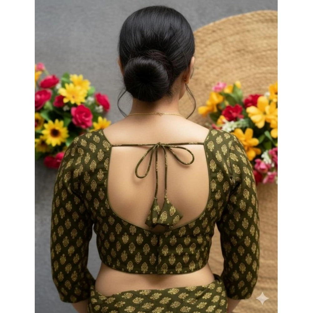 Generic Women's Ajrakh Cotton Halter Neck Padded Blouse (Olive, 38 Ready Size (Self-Alterable 36–40)