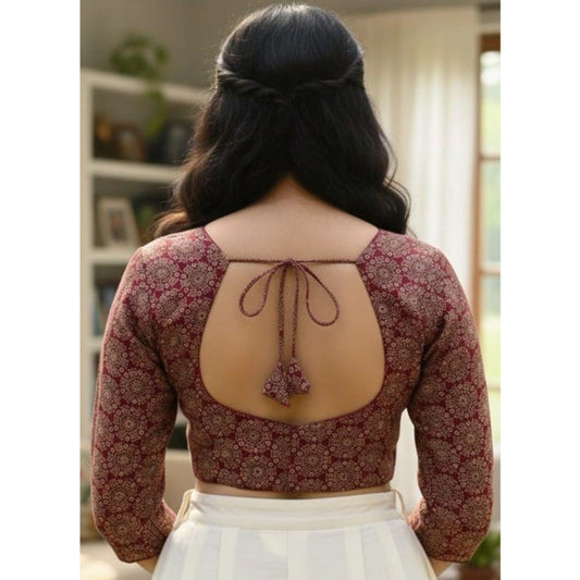 Generic Women's Ajrakh Cotton Halter Neck Padded Blouse (Maroon, 38 Ready Size (Self-Alterable 36–40)