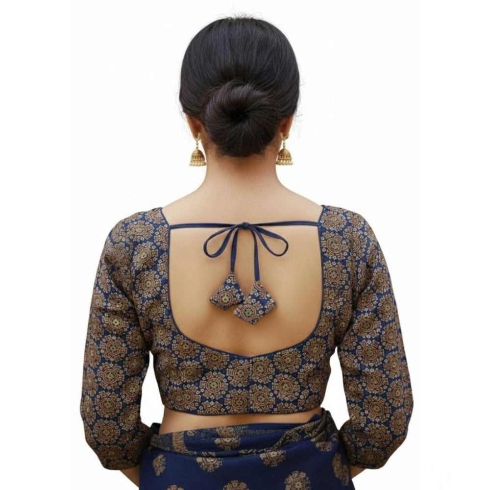 Generic Women's Ajrakh Cotton Halter Neck Padded Blouse (Navy, 38 Ready Size (Self-Alterable 36–40)