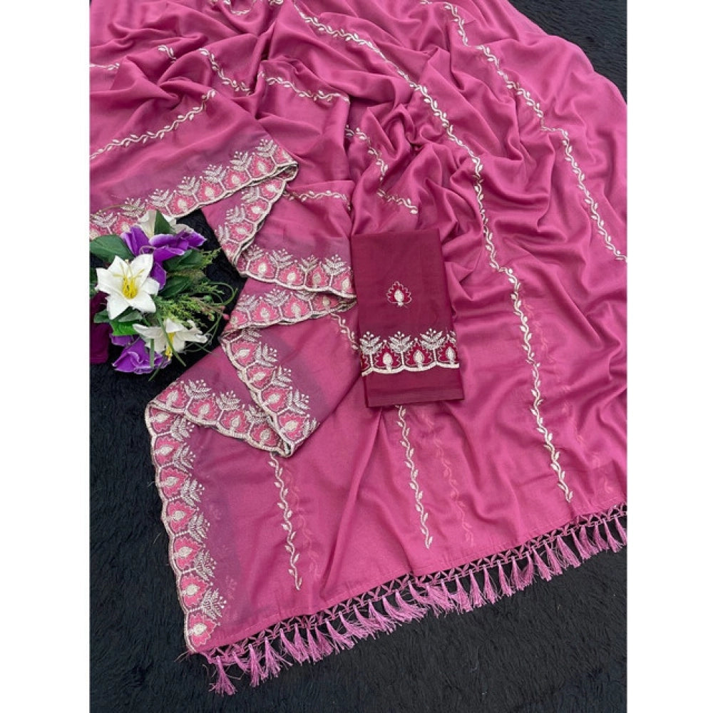 Generic Women's Georgette Embroidered Saree With Unstitched Blouse 5.5Mtr (Pink)