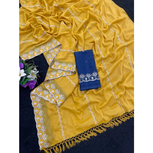 Generic Women's Georgette Embroidered Saree With Unstitched Blouse 5.5Mtr (Yellow)