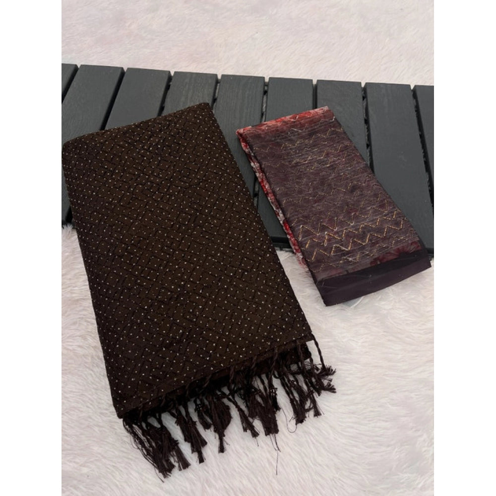 Generic Women's Chiffon Zigzag lines Saree With Unstitched Blouse 5.5Mtr (Brown)
