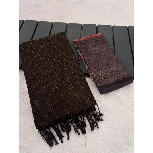 Generic Women's Chiffon Zigzag lines Saree With Unstitched Blouse 5.5Mtr (Brown)