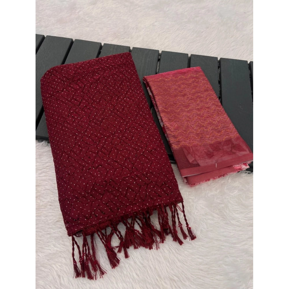 Generic Women's Chiffon Zigzag lines Saree With Unstitched Blouse 5.5Mtr (Maroon)
