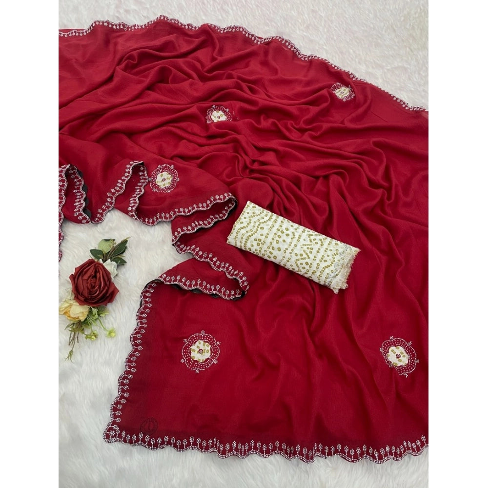 Generic Women's Chiffon Butti Dotted Saree With Unstitched Blouse 5.5Mtr (Red)