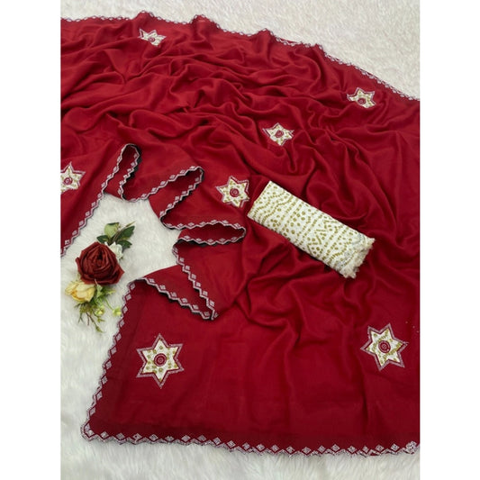 Generic Women's Chiffon Butti Dotted Saree With Unstitched Blouse 5.5Mtr (Red)