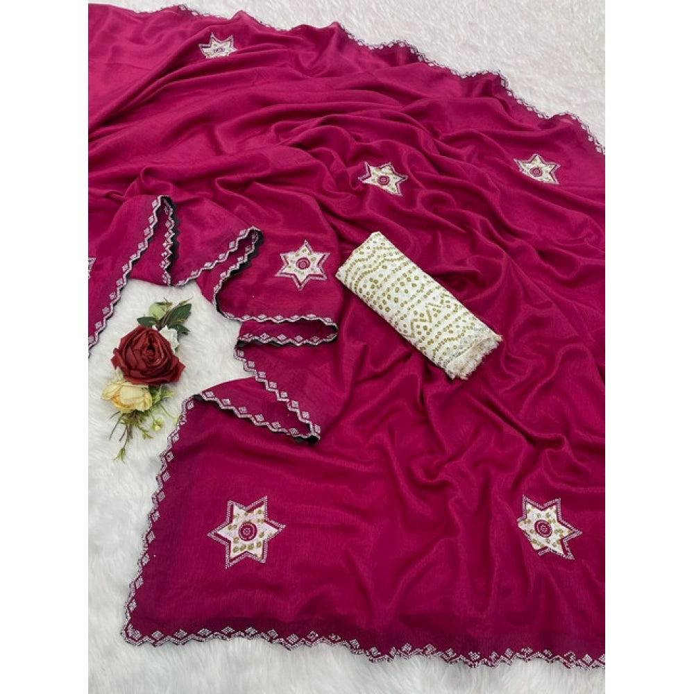 Generic Women's Chiffon Butti Dotted Saree With Unstitched Blouse 5.5Mtr (Pink)