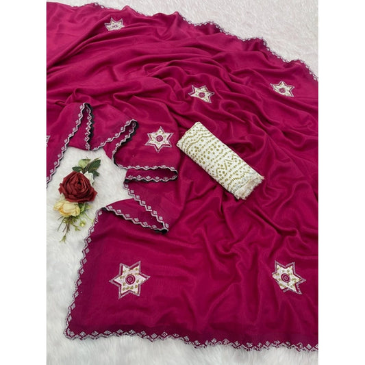 Generic Women's Chiffon Butti Dotted Saree With Unstitched Blouse 5.5Mtr (Pink)