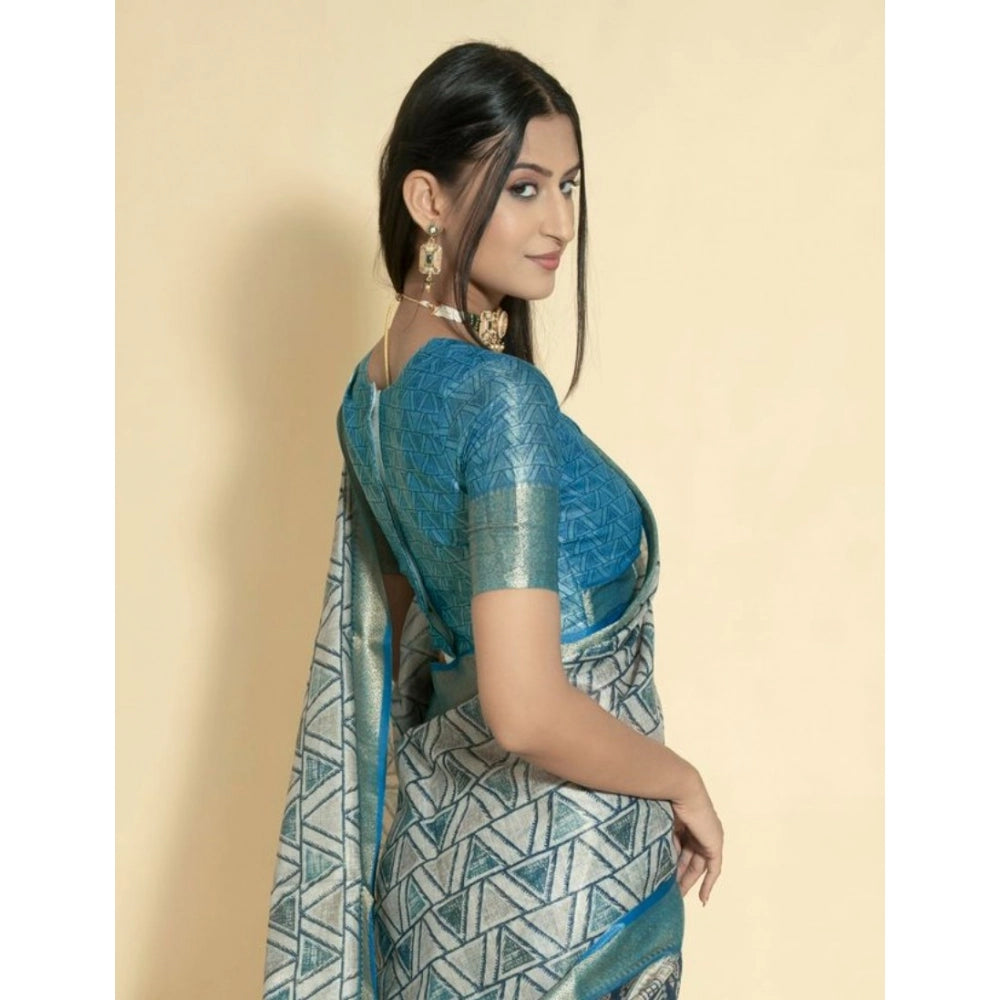 Generic Women's Polyester Printed Saree With Unstitched Blouse 5.5 Mtr (Turquoise)