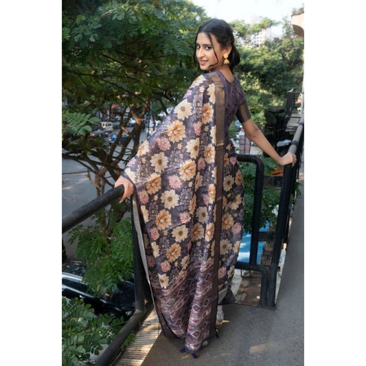 Generic Women's Polyester Printed Saree With Unstitched Blouse 5.5 Mtr (Purple)