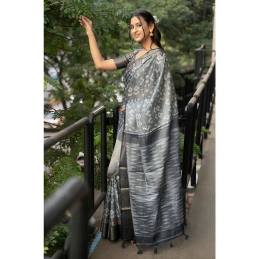 Generic Women's Polyester Printed Saree With Unstitched Blouse 5.5 Mtr (Grey)