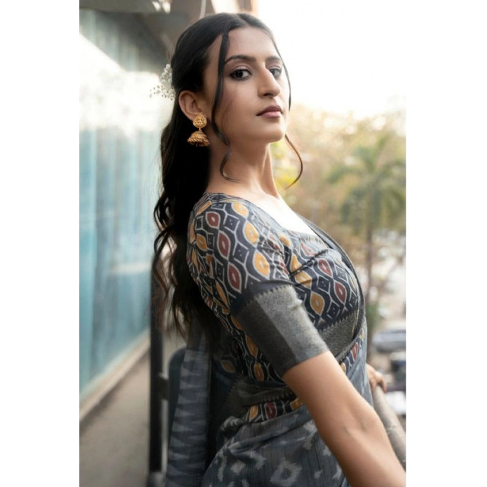 Generic Women's Polyester Printed Saree With Unstitched Blouse 5.5 Mtr (Grey)