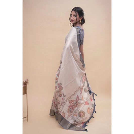 Generic Women's Polyester Printed Saree With Unstitched Blouse 5.5 Mtr (Off-White)