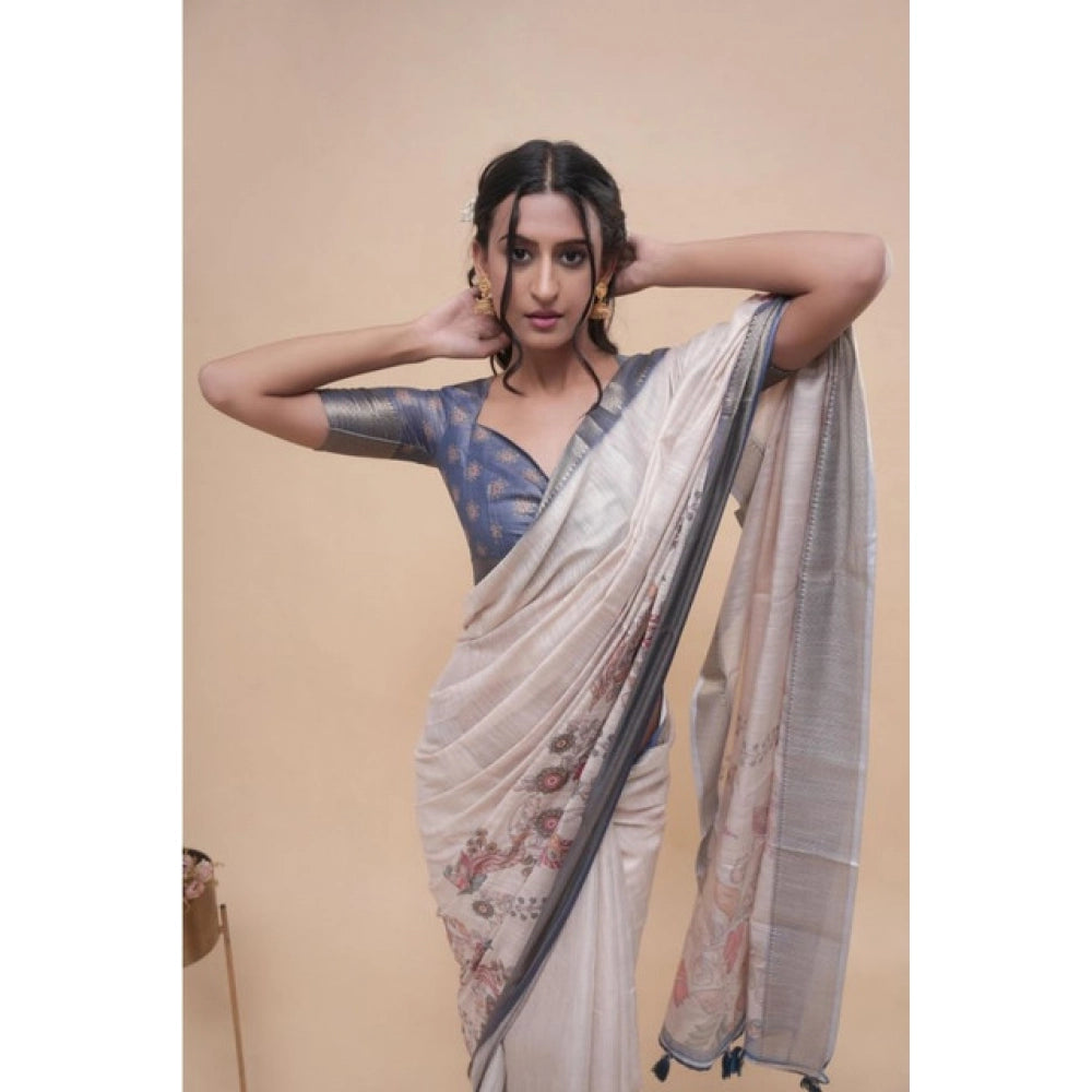 Generic Women's Polyester Printed Saree With Unstitched Blouse 5.5 Mtr (Off-White)