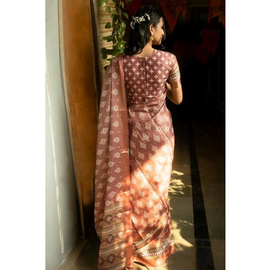 Generic Women's Polyester Printed Saree With Unstitched Blouse 5.5 Mtr (Maroon)