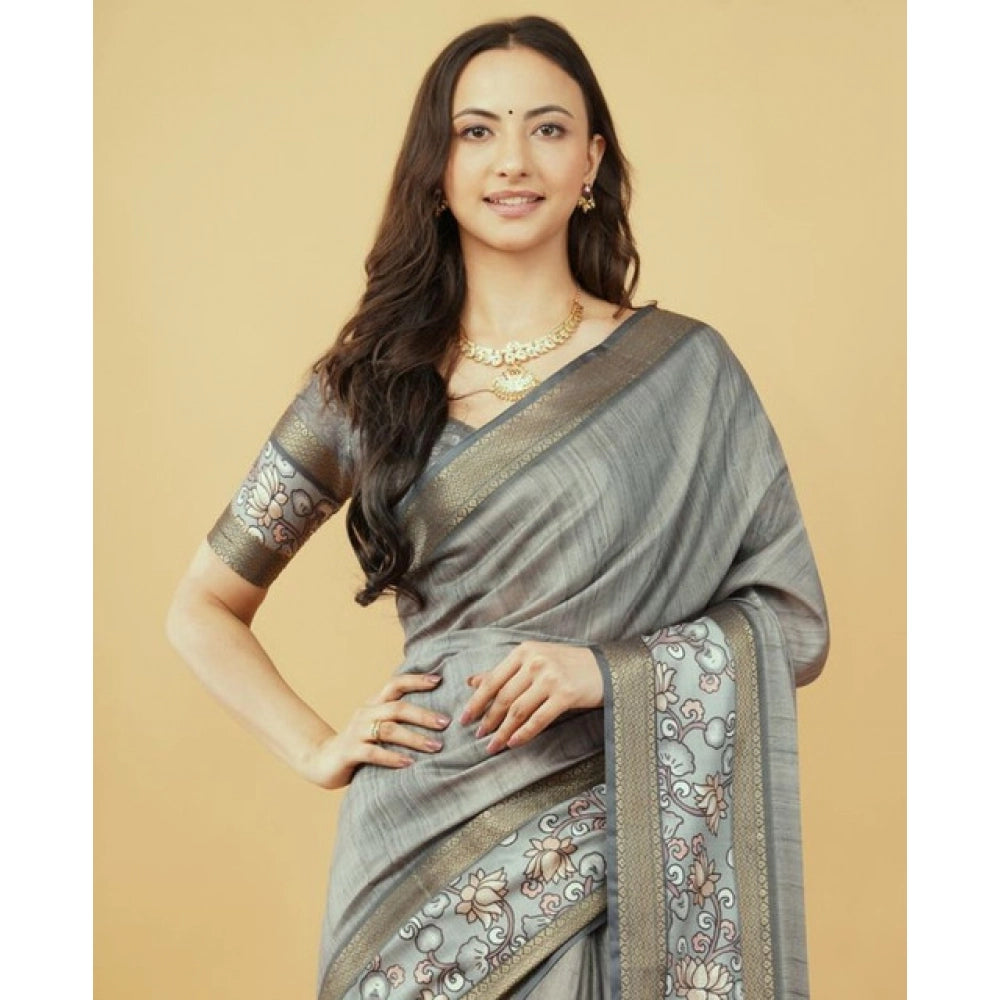Generic Women's Polyester Printed Saree With Unstitched Blouse 5.5 Mtr (Grey)