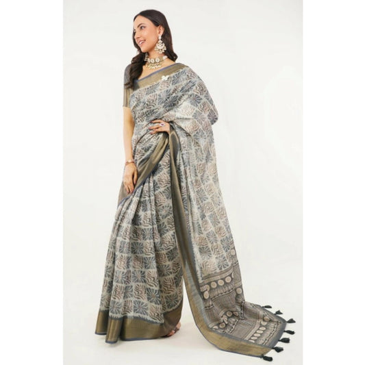 Generic Women's Polyester Printed Saree With Unstitched Blouse 5.5 Mtr (Grey)