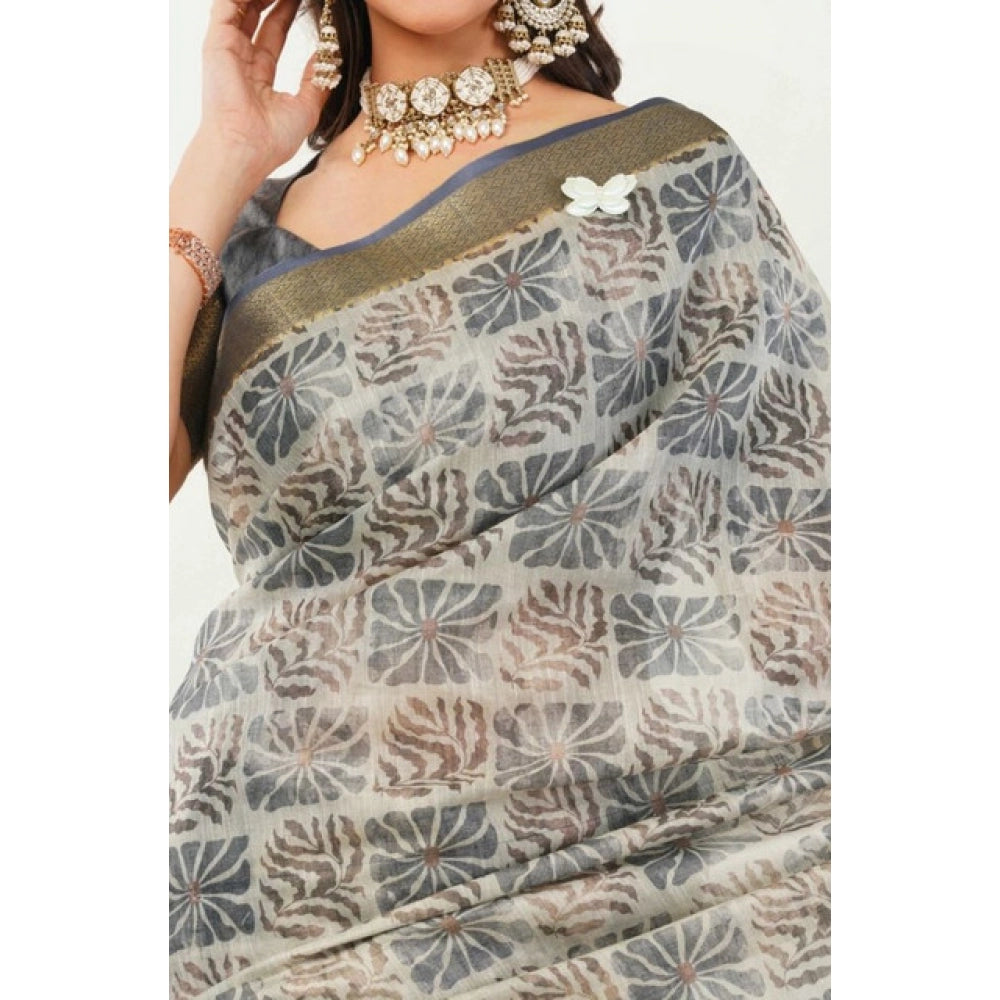 Generic Women's Polyester Printed Saree With Unstitched Blouse 5.5 Mtr (Grey)