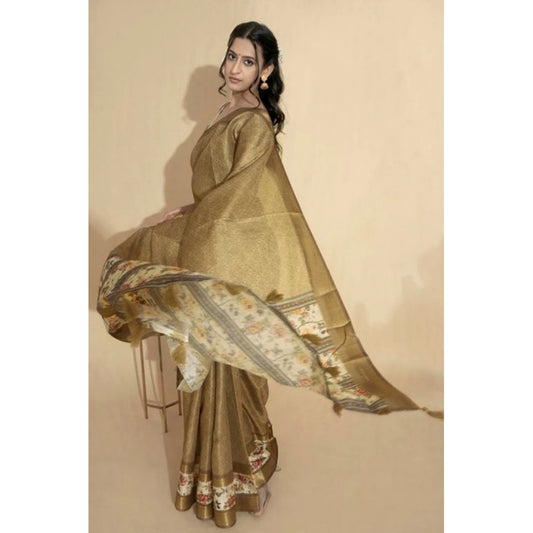 Generic Women's Polyester Printed Saree With Unstitched Blouse 5.5 Mtr (Gold)
