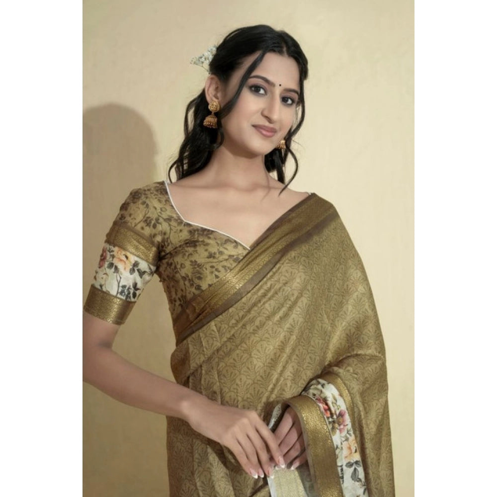 Generic Women's Polyester Printed Saree With Unstitched Blouse 5.5 Mtr (Gold)