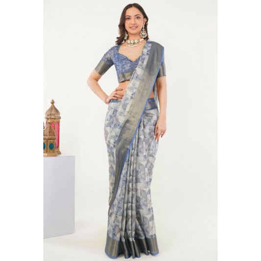 Generic Women's Polyester Printed Saree With Unstitched Blouse 5.5 Mtr (Grey)