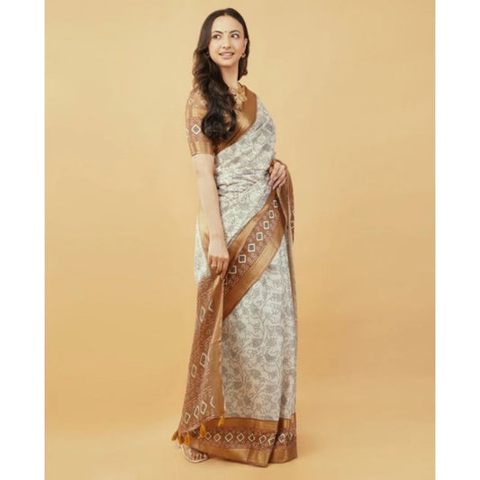 Generic Women's Polyester Printed Saree With Unstitched Blouse 5.5 Mtr (Off-White)