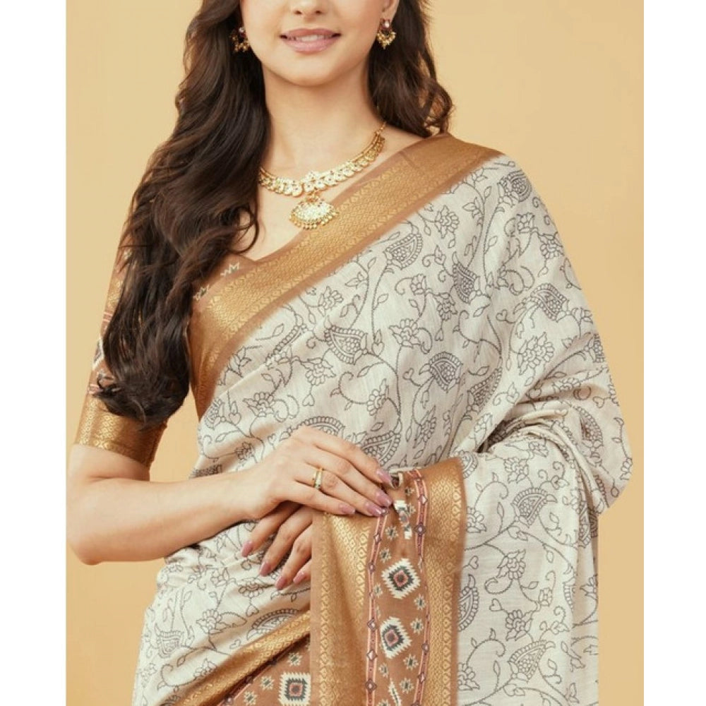 Generic Women's Polyester Printed Saree With Unstitched Blouse 5.5 Mtr (Off-White)