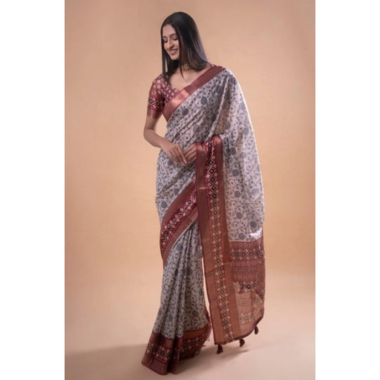 Generic Women's Polyester Printed Saree With Unstitched Blouse 5.5 Mtr (Off-White)