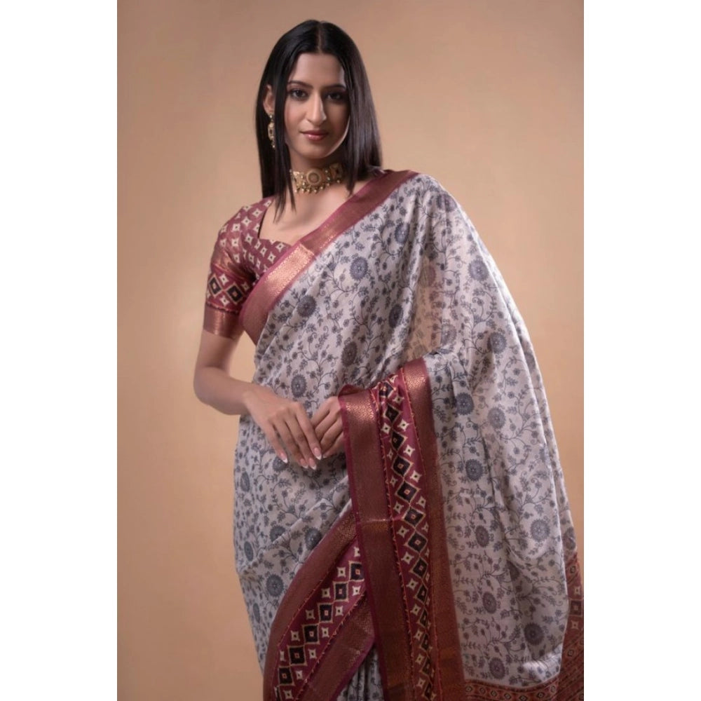 Generic Women's Polyester Printed Saree With Unstitched Blouse 5.5 Mtr (Off-White)