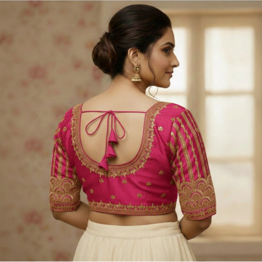 Generic Women's Phantom Silk Embroidered Designer Neck Padded Blouse (Pink 38 Ready (Alterable up to 42)