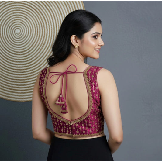 Generic Women's Silk Blend Embroidered V-Neck Non Padded Blouse (Dark Wine 38 Ready (Alterable up to 42)