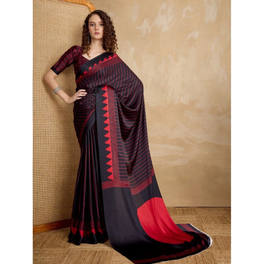 Generic Women's Satin Crepe Printed Saree With Unstitched Blouse 5.5Mtr (Black)
