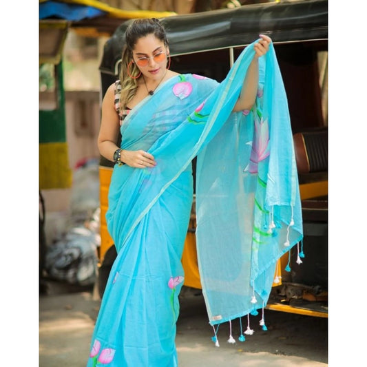 Generic Women's Linen Printed Saree With Unstitched Blouse 5.5Mtr (light Blue)