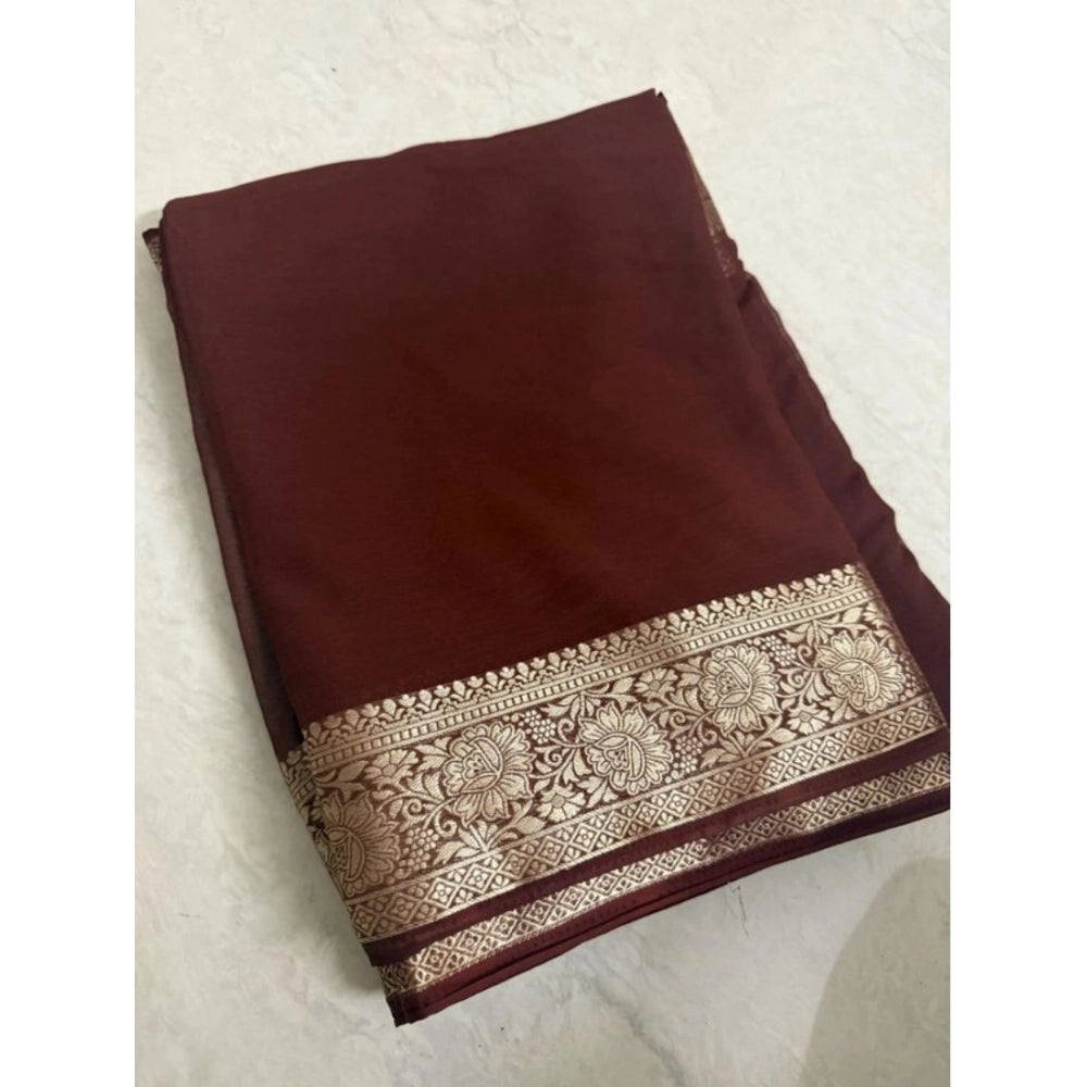 Generic Women's Vichitra Silk Printed Saree With Unstitched Blouse 5.5Mtr (Brown)