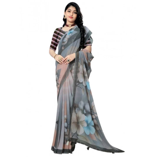 Generic Women's Georgette Floral Printed Saree With Unstitched Blouse 5.5Mtr (Grey)