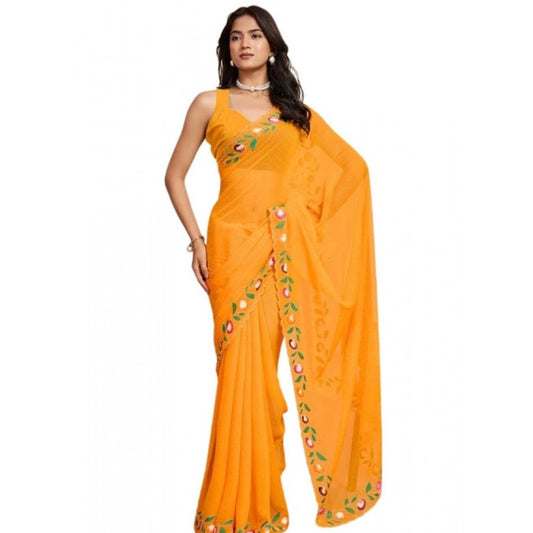 Generic Women's Georgette Printed Saree With Unstitched Blouse 5.5Mtr (Yellow)