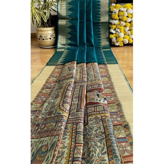 Generic Women's Tussar Silk Madhubani Saree With Unstitched Blouse 5.5Mtr (Rama)