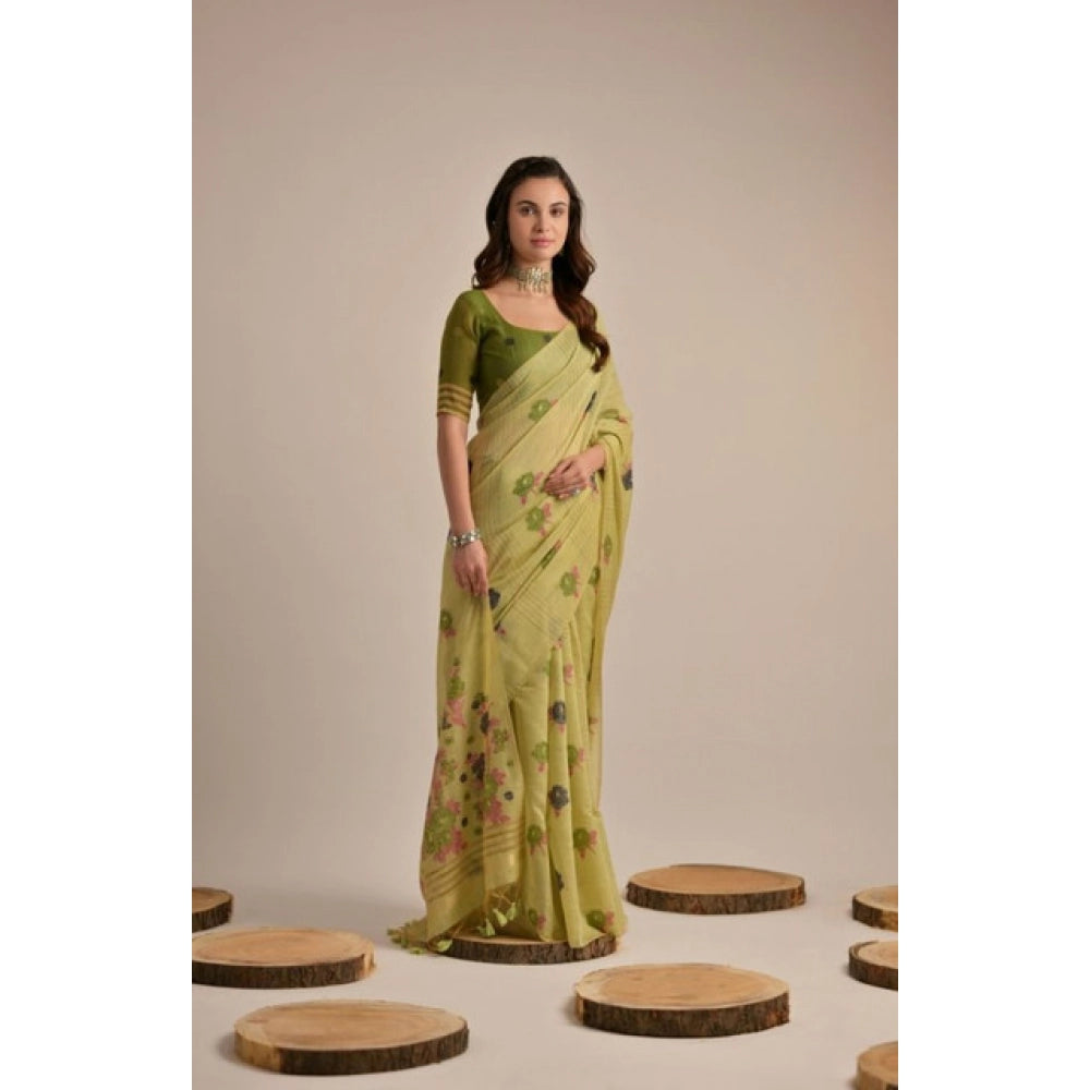 Generic Women's Blended_Cotton Floral Motifs And Woven Buttas Saree With Unstitched Blouse 5.5Mtr (Light_Green)