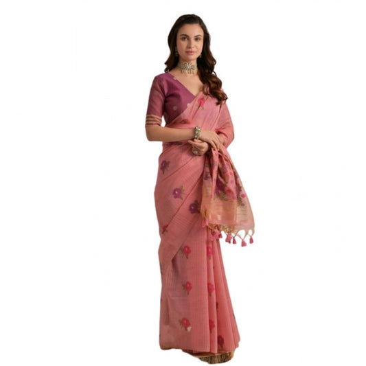 Generic Women's Blended_Cotton Floral Motifs And Woven Buttas Saree With Unstitched Blouse 5.5Mtr (Pink)