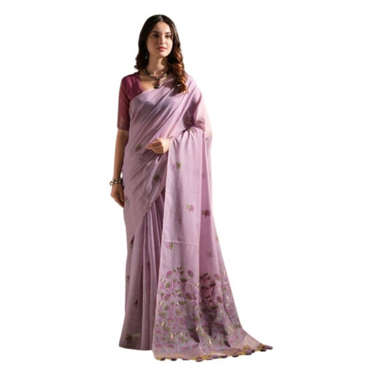 Generic Women's Blended_Cotton Floral Saree With Unstitched Blouse 5.5Mtr (Lavender)