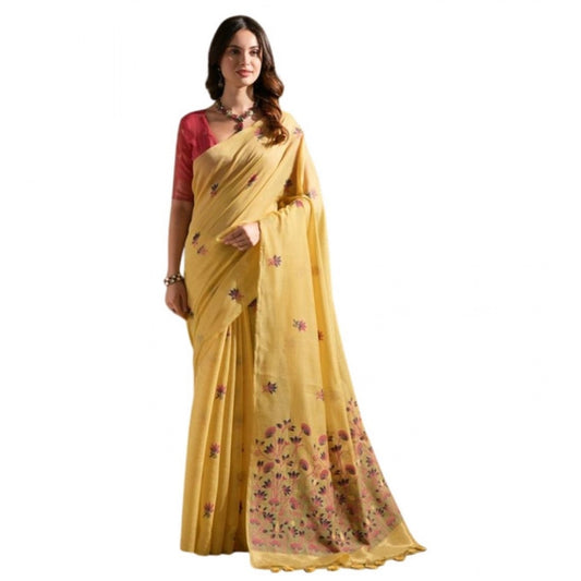 Generic Women's Blended_Cotton Floral Saree With Unstitched Blouse 5.5Mtr (Mustard)
