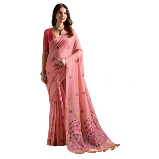 Generic Women's Blended_Cotton Floral Saree With Unstitched Blouse 5.5Mtr (Pink)