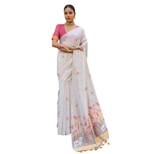 Generic Women's Blended_Cotton Floral Weaving Pattern Saree With Unstitched Blouse 5.5Mtr (Yellow)