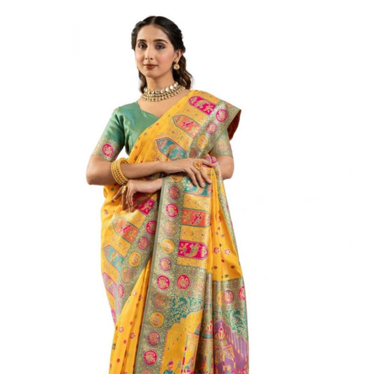 Generic Women's Faux_Banarasi Woven Motifs Saree With Unstitched Blouse 5.5Mtr (Yellow)