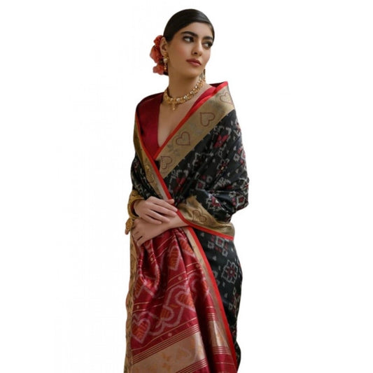 Generic Women's Silk_Blend Ethnic Ikat Pattern Saree With Unstitched Blouse 5.5Mtr (Black)
