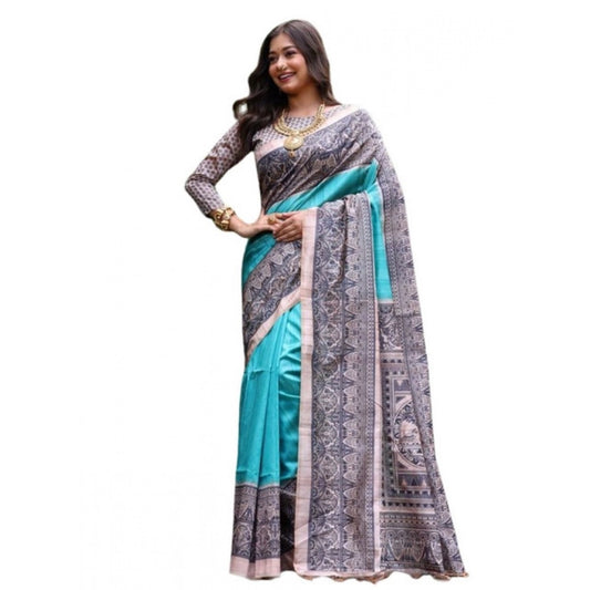 Generic Women's Faux_Tussar Ethnic_Print Saree With Unstitched Blouse 5.5Mtr (Aqua_Blue)