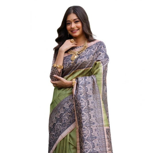 Generic Women's Faux_Tussar Ethnic_Print Saree With Unstitched Blouse 5.5Mtr (Olive)