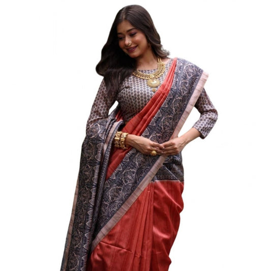 Generic Women's Faux_Tussar Ethnic_Print Saree With Unstitched Blouse 5.5Mtr (Rust)