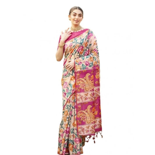 Generic Women's Faux_Tussar Kalamkari_Print Saree With Unstitched Blouse 5.5Mtr (Pink)